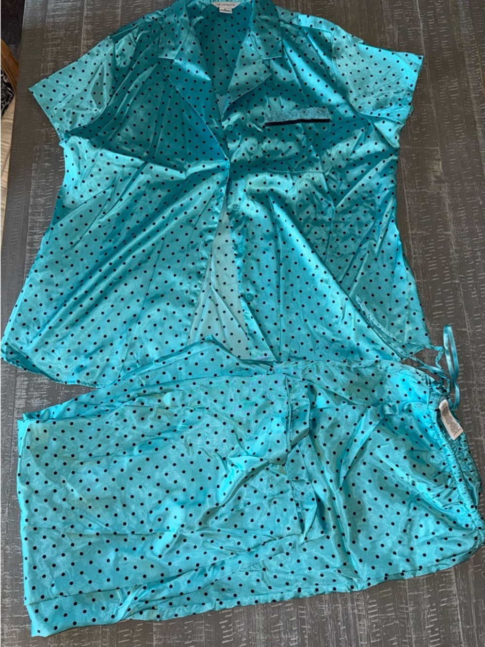 Turquoise Liz Claiborne Satin polka dots Pajama Set Women's Size X Large Silky